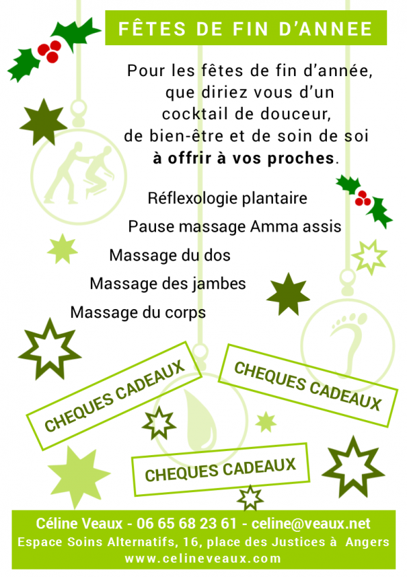 Pour les fêtes de fin d’année, que diriez vous d’un cocktail de douceur, de bien-être et de soin de soi à offrir à vos proches. Réflexologie plantaire, Pause massage Amma assis, Massage du dos, Massage des jambes, Massage du corps